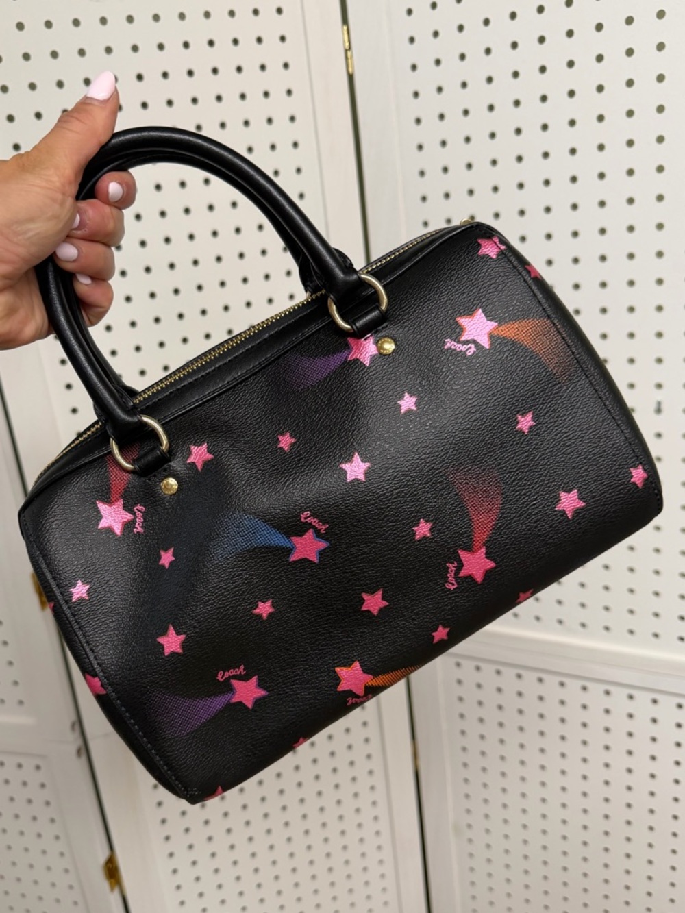Coach Rowan Satchel Canvas Leather Shooting Disco Star Print Medium Black Pink - Picture 2 of 8